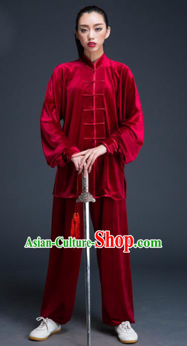 Top Grade Chinese Kung Fu Plated Buttons Costume Red Pleuche Martial Arts Uniform, China Tai Ji Wushu Clothing for Women