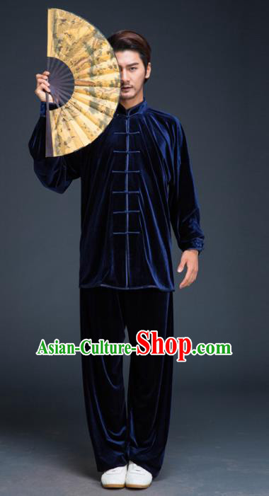 Top Grade Chinese Kung Fu Costume Tai Ji Training Blue Pleuche Uniform, China Martial Arts Gongfu Clothing for Men