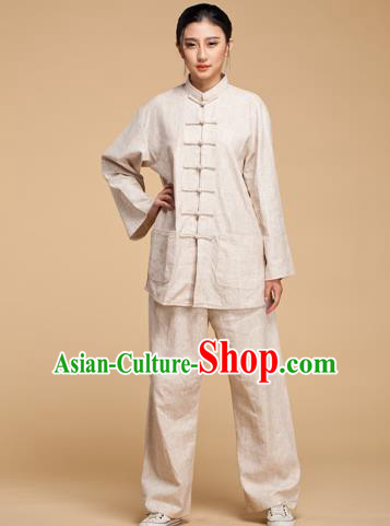 Top Grade Chinese Kung Fu Plated Buttons Costume Beige Linen Martial Arts Uniform, China Tai Ji Wushu Clothing for Women
