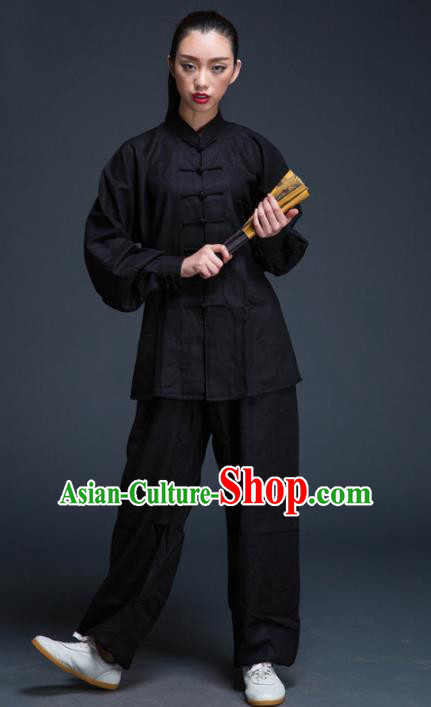 Top Grade Chinese Kung Fu Plated Buttons Costume Black Linen Martial Arts Uniform, China Tai Ji Wushu Clothing for Women