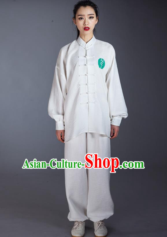 Top Grade Chinese Kung Fu Costume Martial Arts White Long Sleeve Uniform, China Tai Ji Wushu Clothing for Women