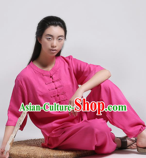 Top Grade Chinese Kung Fu Costume Martial Arts Rosy Uniform, China Tai Ji Wushu Plated Buttons Clothing for Women