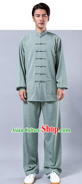 Top Grade Chinese Kung Fu Costume Tai Ji Training Green Uniform, China Martial Arts Tang Suit Gongfu Clothing for Men