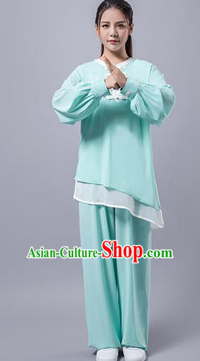 Top Grade Chinese Kung Fu Costume Martial Arts Green Uniform, China Tai Ji Wushu Plated Buttons Clothing for Women