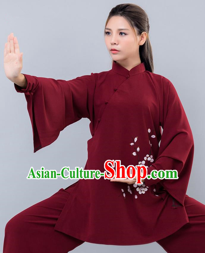 Top Grade Chinese Kung Fu Costume Martial Arts Ink Painting Wintersweet Uniform, China Tai Ji Wushu Clothing for Women