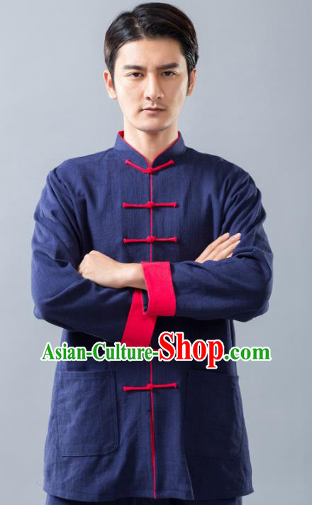 Top Grade Chinese Kung Fu Blue Linen Costume Tai Ji Training Uniform, China Martial Arts Tang Suit Gongfu Clothing for Men