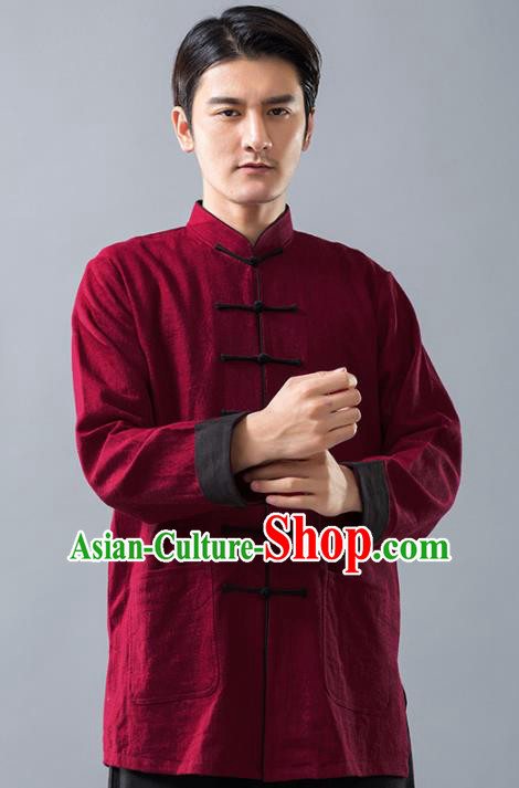 Top Grade Chinese Kung Fu Wine Red Linen Costume Tai Ji Training Uniform, China Martial Arts Tang Suit Gongfu Clothing for Men