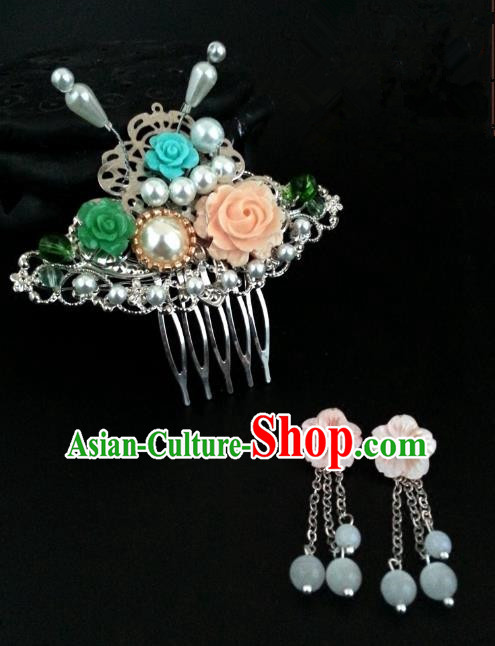 Traditional Handmade Chinese Ancient Classical Wedding Hair Accessories Hair Comb and Earrings for Women