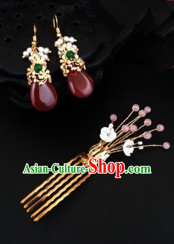 Traditional Handmade Chinese Ancient Classical Wedding Hair Accessories Hair Comb and Red Earrings for Women