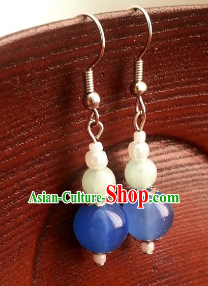 Traditional Chinese Handmade Ancient Princess Hanfu Blue Beads Eardrop Classical Palace Lady Earrings for Women