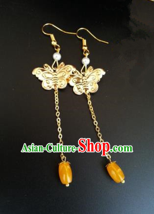 Traditional Chinese Handmade Classical Golden Butterfly Eardrop Ancient Palace Queen Hanfu Earrings for Women