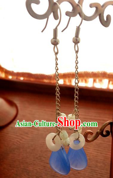 Traditional Chinese Handmade Classical Blue Eardrop Ancient Palace Queen Hanfu Earrings for Women