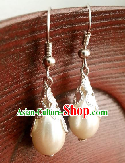 Traditional Chinese Handmade Classical Hanfu Pearl Eardrop Ancient Palace Queen Earrings for Women