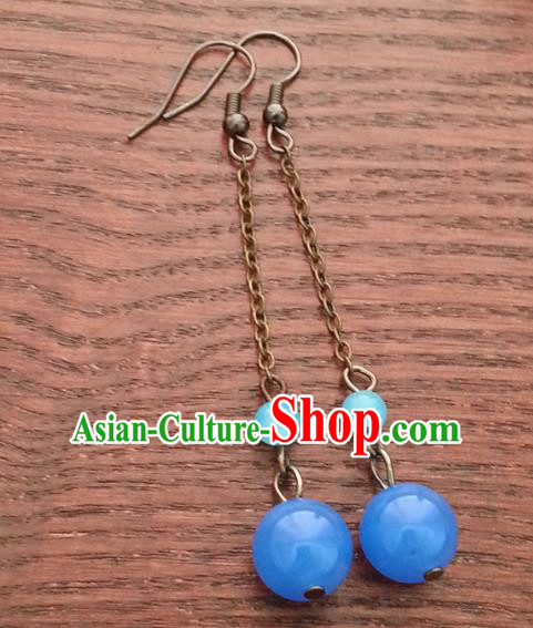 Traditional Chinese Handmade Classical Hanfu Blue Bead Eardrop Ancient Palace Princess Earrings for Women