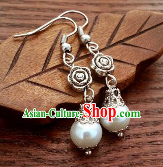 Traditional Chinese Handmade Classical Hanfu Rose Pearls Eardrop Ancient Palace Princess Earrings for Women