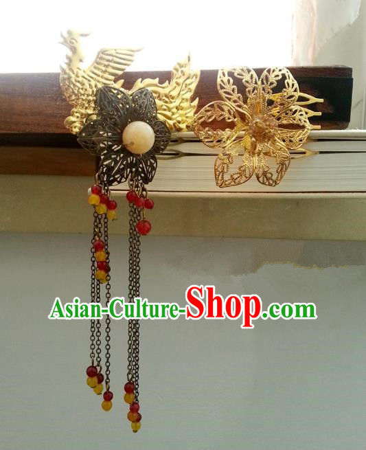 Handmade Traditional Chinese Classical Hair Accessories Ancient Hanfu Golden Tassel Phoenix Hairpins for Women