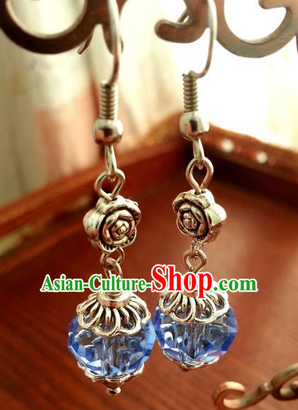 Asian Chinese Traditional Handmade Classical Hanfu Blue Eardrop Ancient Palace Princess Earrings for Women