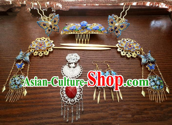 Traditional Handmade Chinese Classical Hair Accessories Ancient Princess Cloisonn Hairpins Phoenix Coronet Complete Set for Women