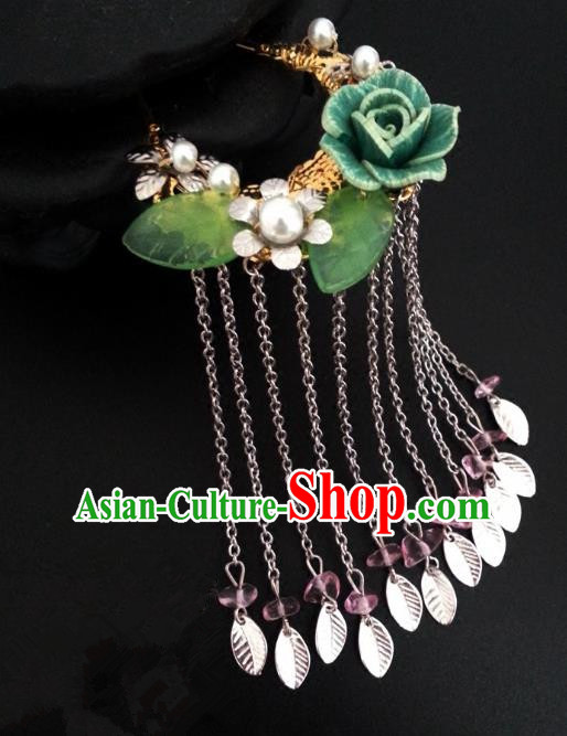 Handmade Traditional Chinese Classical Hair Accessories Ancient Bride Hanfu Hairpins Green Flowers Step Shake for Women