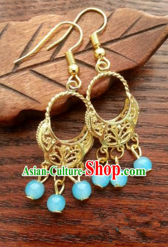 Asian Chinese Traditional Handmade Classical Hanfu Golden Eardrop Ancient Palace Princess Earrings for Women