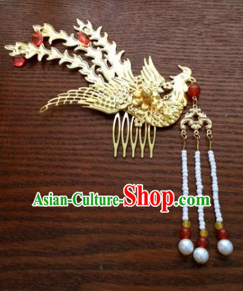 Traditional Handmade Chinese Classical Hair Accessories Ancient Princess Golden Phoenix Hairpins Hair Comb for Women