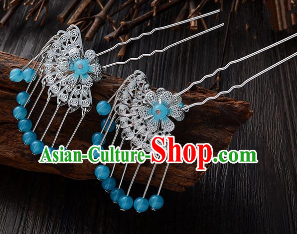 Handmade Asian Chinese Classical Hair Accessories Ancient Blue Beads Tassel Hairpins Headwear for Women