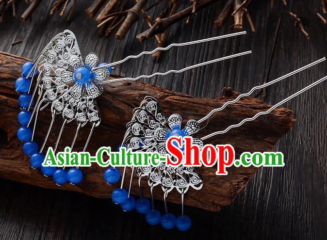 Handmade Asian Chinese Classical Hair Accessories Ancient Deep Blue Beads Tassel Hairpins Headwear for Women