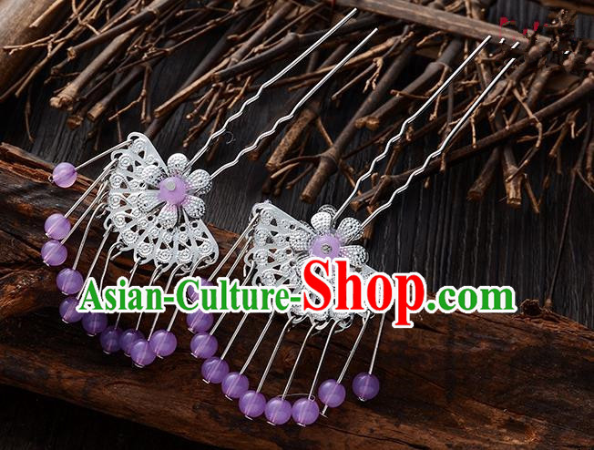 Handmade Asian Chinese Classical Hair Accessories Ancient Lilac Beads Tassel Hairpins Headwear for Women