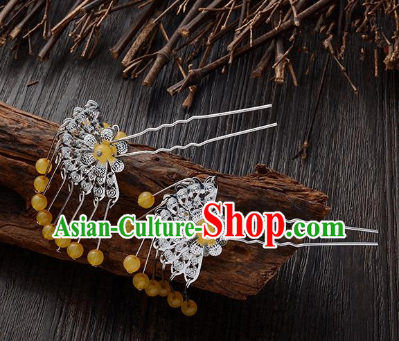 Handmade Asian Chinese Classical Hair Accessories Ancient Yellow Beads Tassel Hairpins Headwear for Women