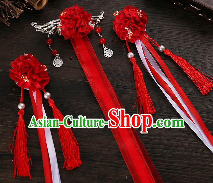 Handmade Asian Chinese Classical Hair Accessories Ancient Red Silk Flower Hairpins Headwear for Women