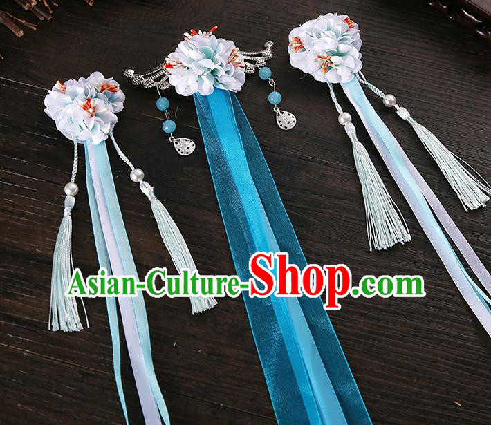 Handmade Asian Chinese Classical Hair Accessories Ancient Light Blue Silk Flower Hairpins Headwear for Women
