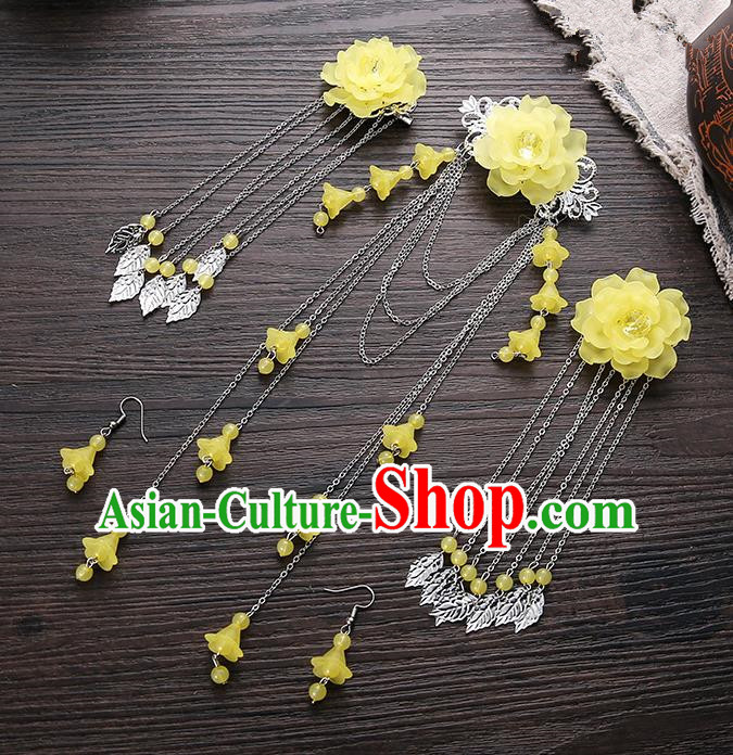 Handmade Asian Chinese Classical Hair Accessories Ancient Yellow Flower Hair Stick Hairpins for Women