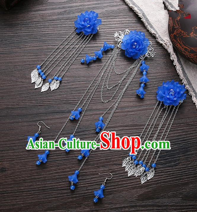 Handmade Asian Chinese Classical Hair Accessories Ancient Deep Blue Flower Hair Stick Hairpins for Women