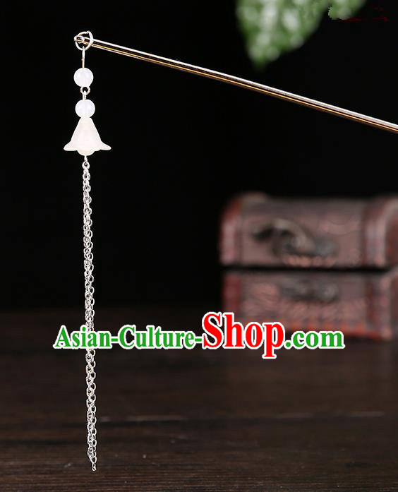 Handmade Asian Chinese Classical Hair Accessories Ancient White Tassel Step Shake Hairpins for Women