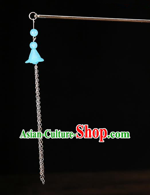 Handmade Asian Chinese Classical Hair Accessories Ancient Blue Tassel Step Shake Hairpins for Women