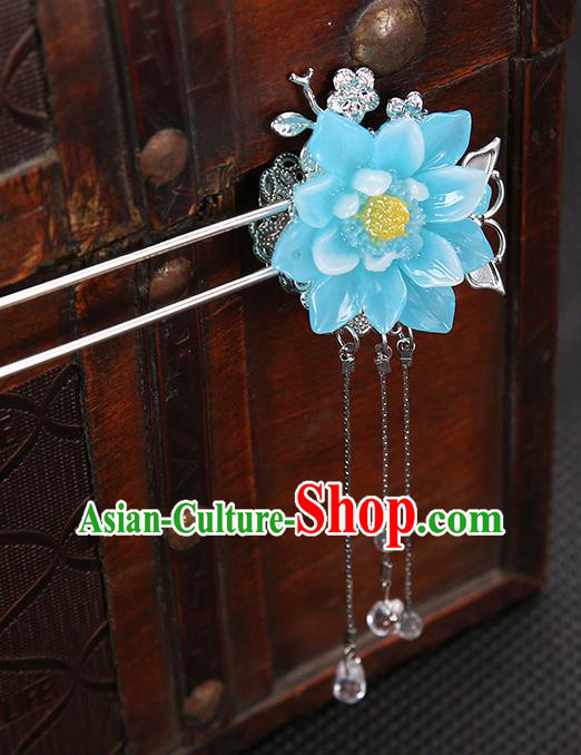 Handmade Asian Chinese Classical Hair Accessories Blue Flower Hair Clip Ancient Hanfu Hairpins for Women