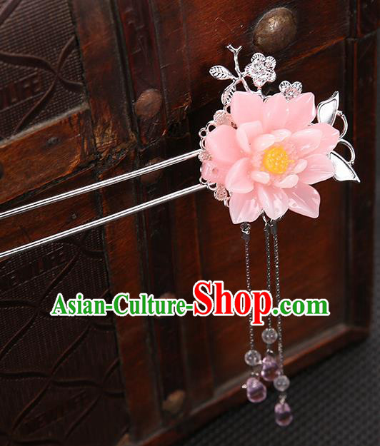 Handmade Asian Chinese Classical Hair Accessories Pink Flower Hair Clip Ancient Hanfu Hairpins for Women