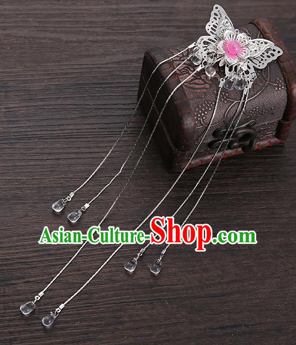 Handmade Asian Chinese Classical Hair Accessories Pink Butterfly Hair Stick Ancient Hanfu Hairpins for Women