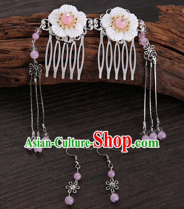 Handmade Asian Chinese Classical Hair Accessories Shell Hair Stick Hairpins and Pink Beads Earrings for Women