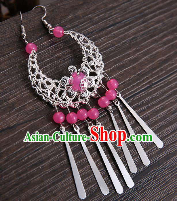 Handmade Asian Chinese Classical Hair Accessories Rosy Beads Tassel Hairpins Hanfu Frontlet Eyebrows Pendant for Women
