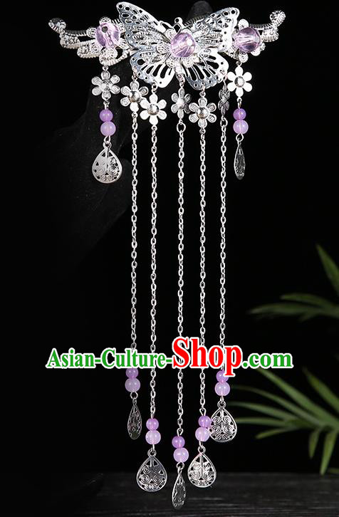 Handmade Asian Chinese Classical Hair Accessories Purple Beads Tassel Hairpins Hanfu Hair Stick for Women