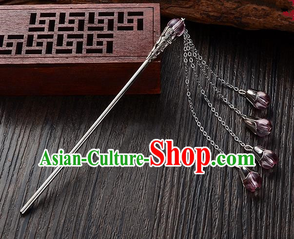 Handmade Asian Chinese Classical Hair Accessories Purple Crystal Beads Tassel Hairpins Hanfu Step Shake for Women