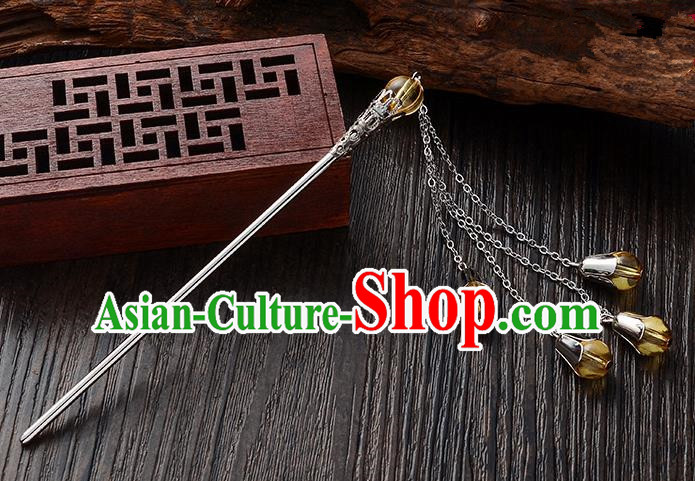 Handmade Asian Chinese Classical Hair Accessories Yellow Crystal Beads Tassel Hairpins Hanfu Step Shake for Women