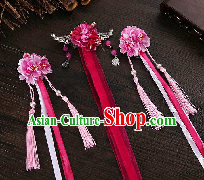 Handmade Asian Chinese Classical Hair Accessories Ancient Rosy Silk Flower Hairpins Headwear for Women