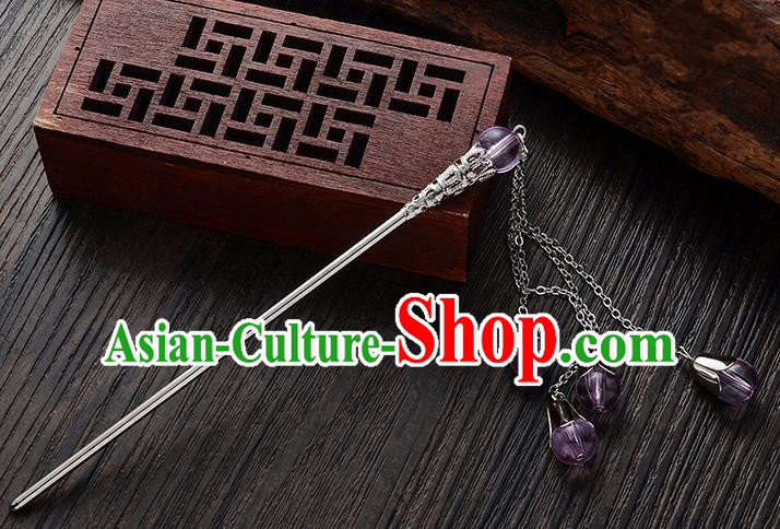 Handmade Asian Chinese Classical Hair Accessories Purple Crystal Beads Tassel Hairpins Hanfu Step Shake for Women