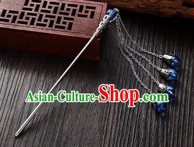 Handmade Asian Chinese Classical Hair Accessories Blue Crystal Beads Tassel Hairpins Hanfu Step Shake for Women