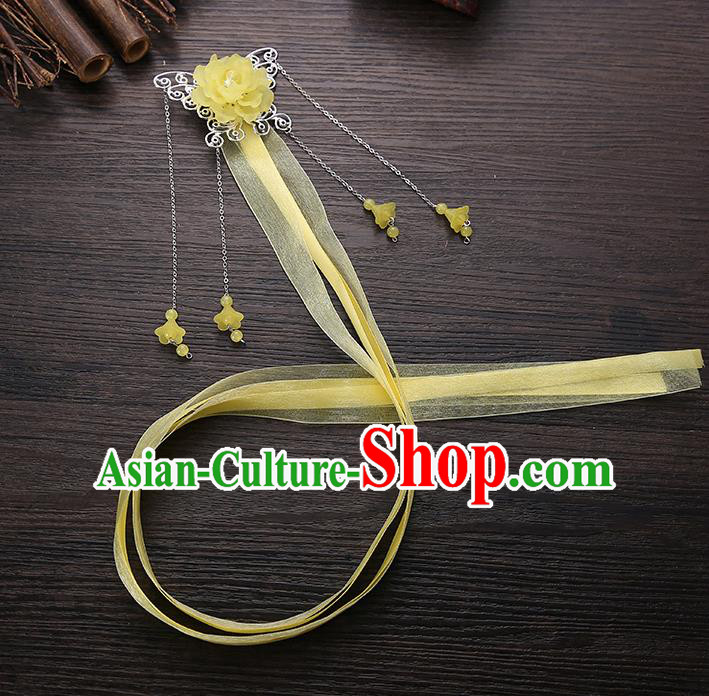 Handmade Asian Chinese Classical Hair Accessories Yellow Ribbon Butterfly Hairpins Hanfu Hair Stick for Women