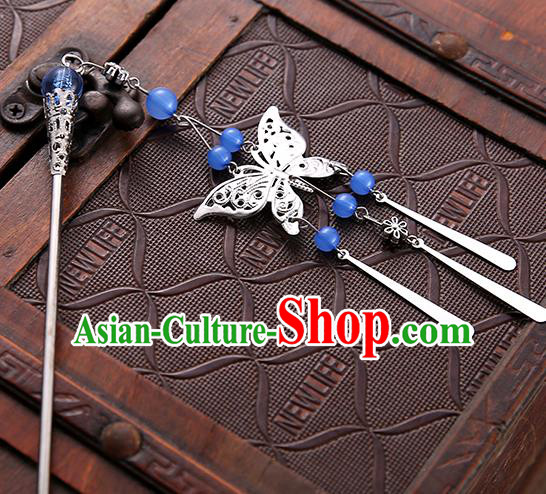 Asian Chinese Handmade Classical Hair Accessories Blue Beads Butterfly Tassel Hair Clip Hanfu Hairpins for Women