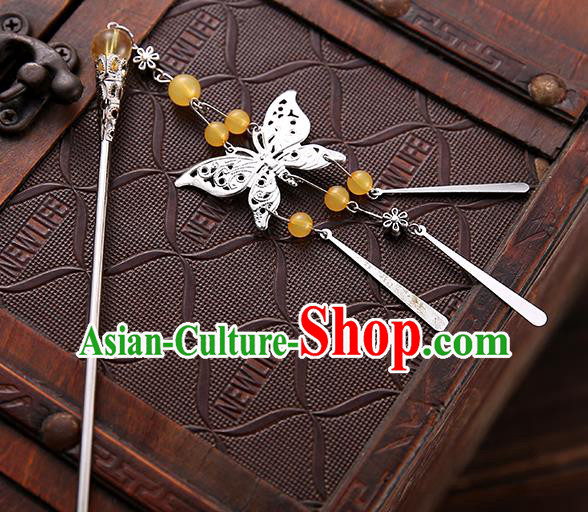 Asian Chinese Handmade Classical Hair Accessories Yellow Beads Butterfly Tassel Hair Clip Hanfu Hairpins for Women