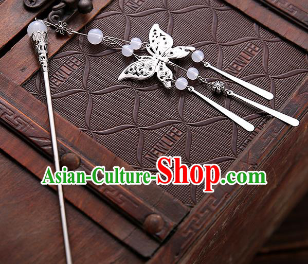 Asian Chinese Handmade Classical Hair Accessories White Beads Butterfly Tassel Hair Clip Hanfu Hairpins for Women